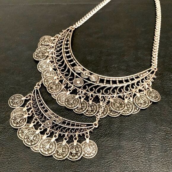 Boho Babes Two-Tier Silver Coin Tribal Bib Statement Necklace - Picture 1 of 7